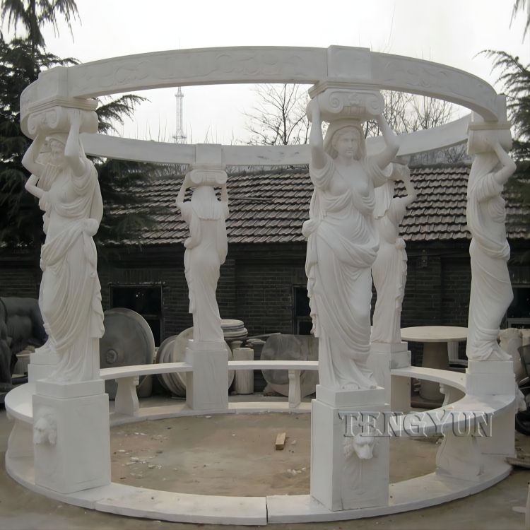Liela izmēra akmens dārza paviljons marmora lapene ar sieviešu statujām (2) (1)
