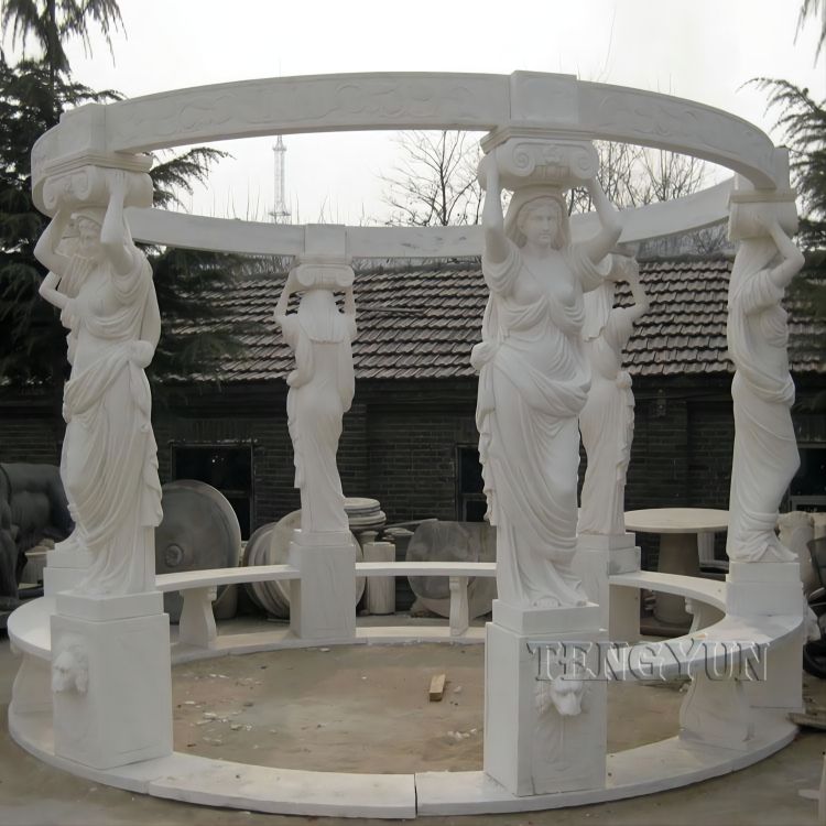 Gazebo in marmo del padiglione del giardino di grandi dimensioni con statue femminili (2)(1)