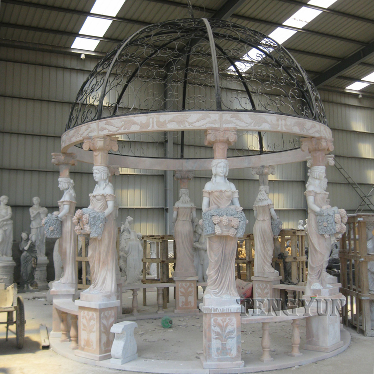 Liela izmēra akmens dārza paviljons marmora lapene ar sieviešu statujām (5)