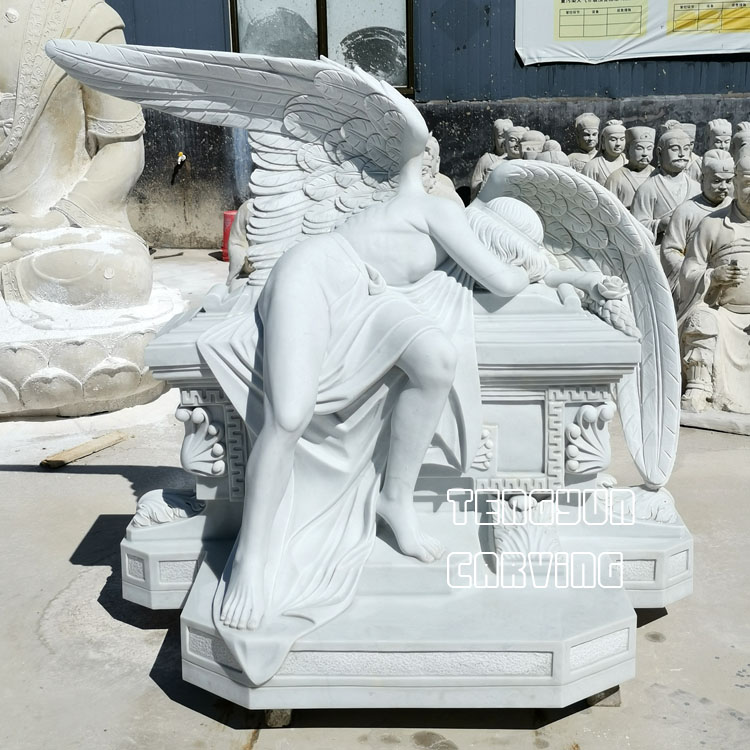 Μεγάλο λευκό μαρμάρινο άγαλμα λυπημένου αγγέλου για διακόσμηση νεκροταφείου (2)