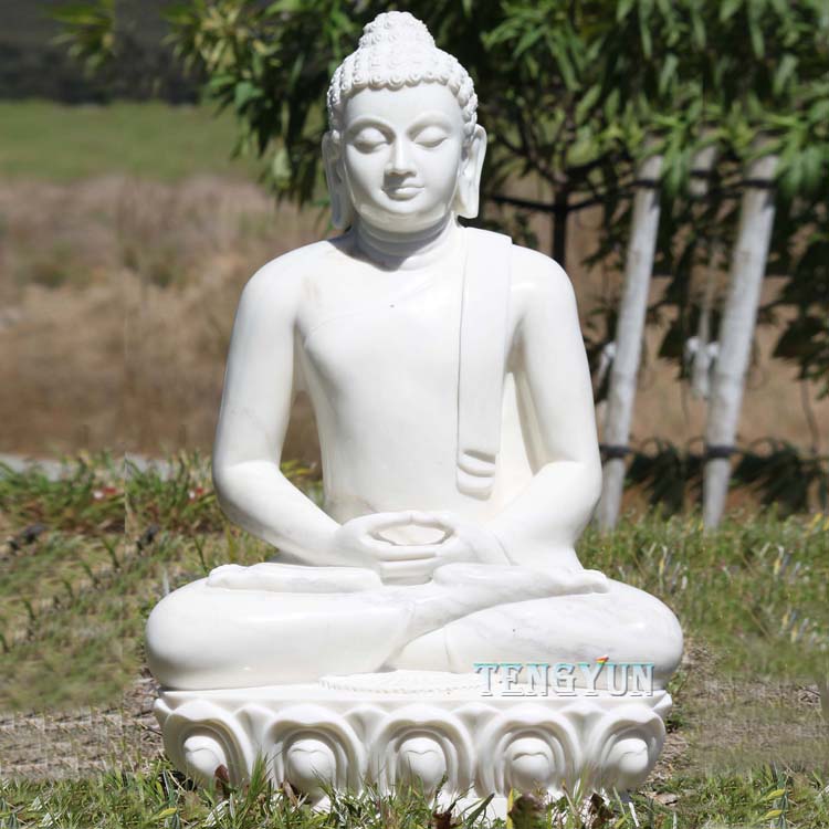 Vivgranda Blanka Marmoro Timiga Budho-Statuo (4)