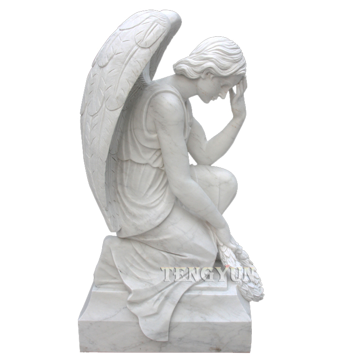 Vivgranda marmora genuanta anĝela statuo por tombejo (2)