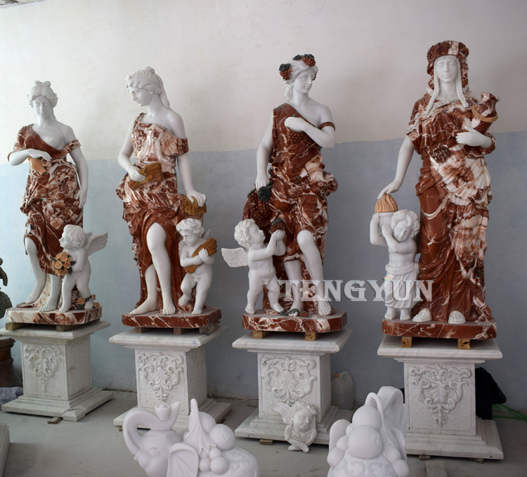 Քարե չորս սեզոնի բնական չափի արձաններ փոքրիկ հրեշտակի քանդակներով (8)