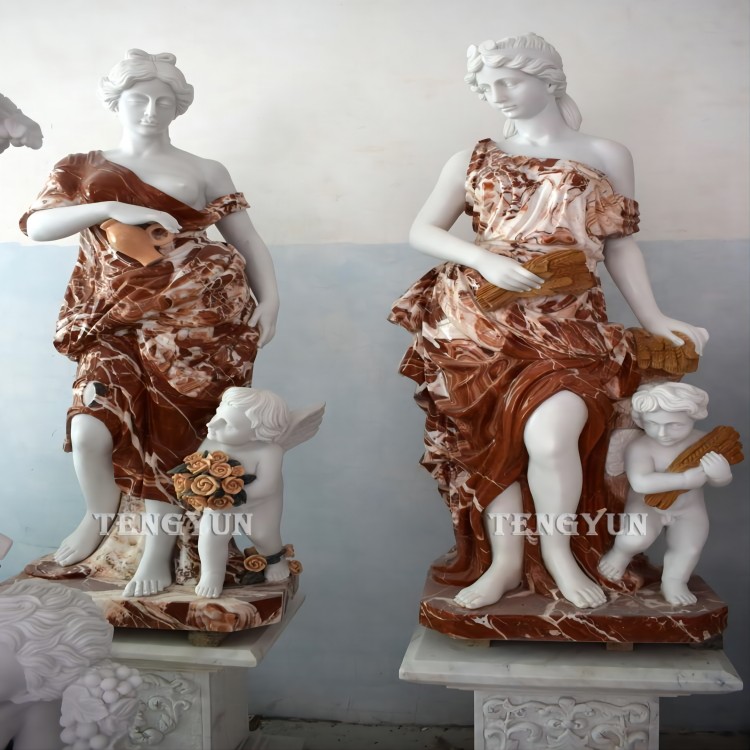 Statuja të përmasave natyrore prej guri të katër sezonit me skulptura të vogla engjëjsh (10) (1)