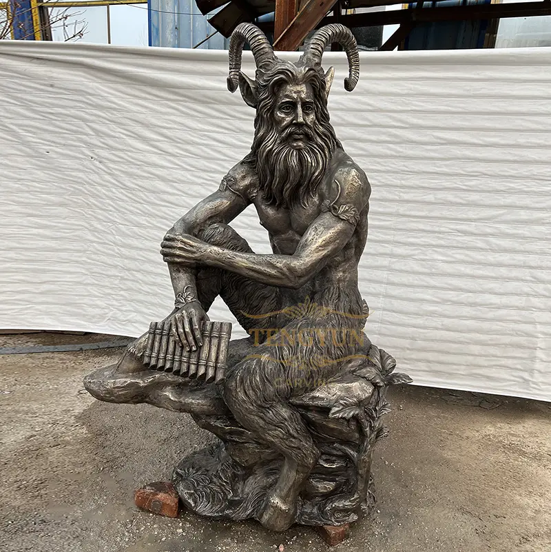 Ancient Greek Mythology Pan Statue Holding Panpipes God Of The Wild & Nature Bronze Faun Sculpture