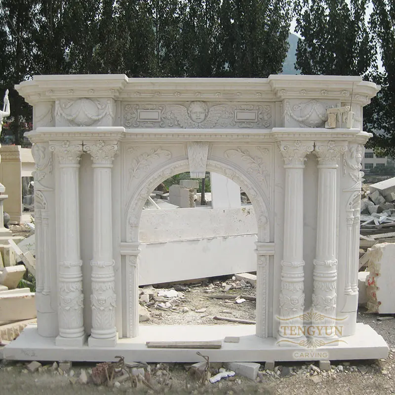 Big Size Arch White Marble Fireplace Mantel With Pillars