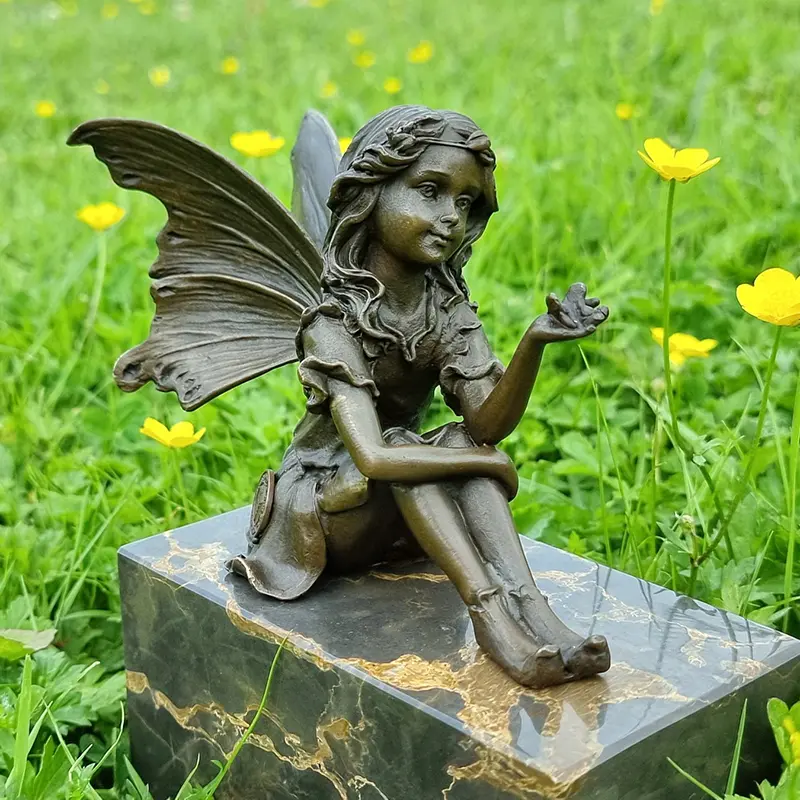 Bronze Little Figurine Sitting Elf Statue Metal Butterfly Fairy Garden Figure Decoration