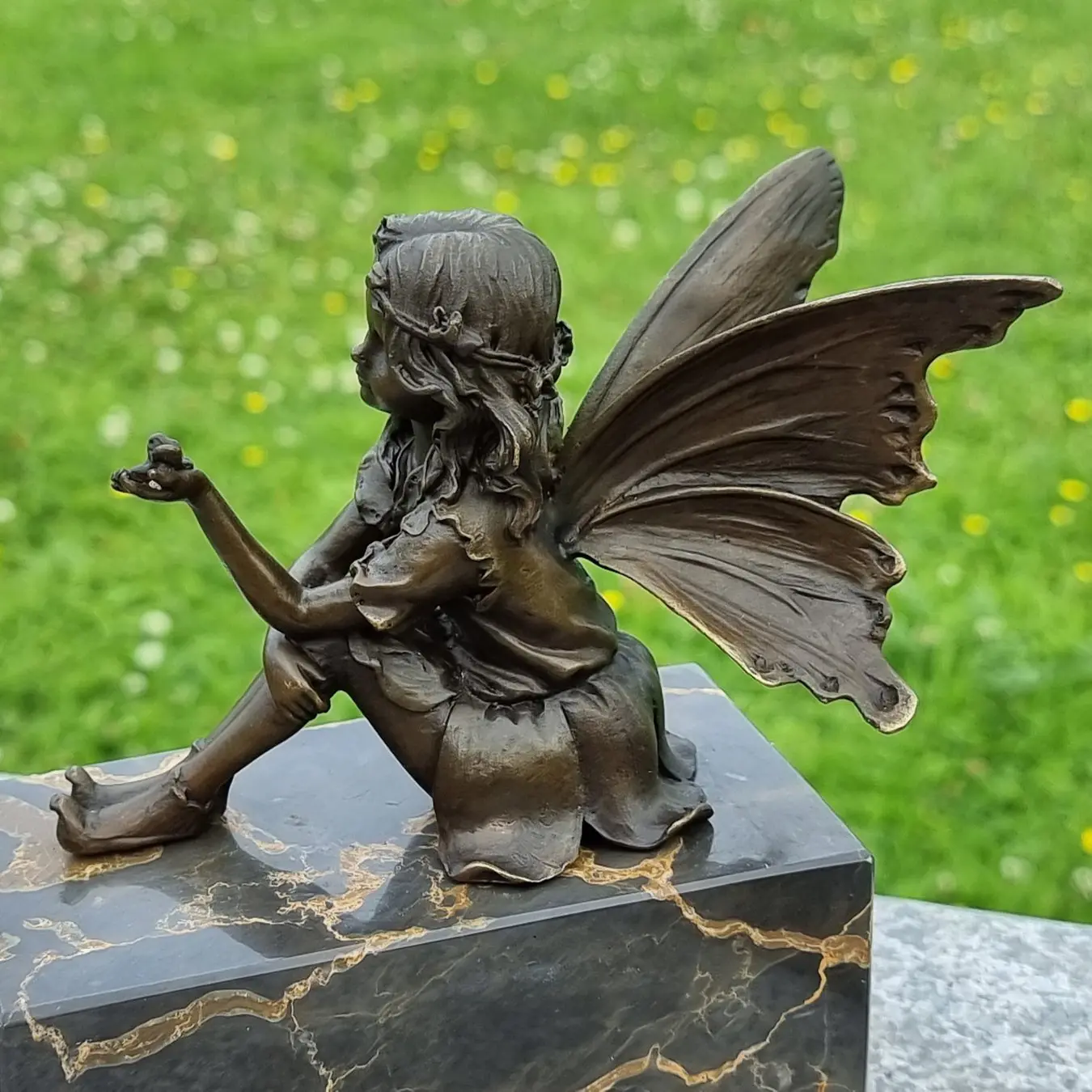 Bronze Little Figurine Sitting Elf Statue Metal Butterfly Fairy Garden Figure Decoration