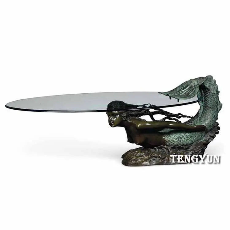 Bronze Mermaid Sculpture With Round Glass Top End Table Coffee Table For Sale