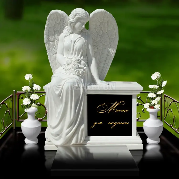 Cemetery White Marble Angel Statues Stone Sitting Sad Angel Headstone With Flowerpots For Sale