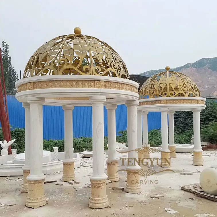 China Factory Custom Made Natural White Marble And Travertine Carved Pavilion With Glod Dome Top