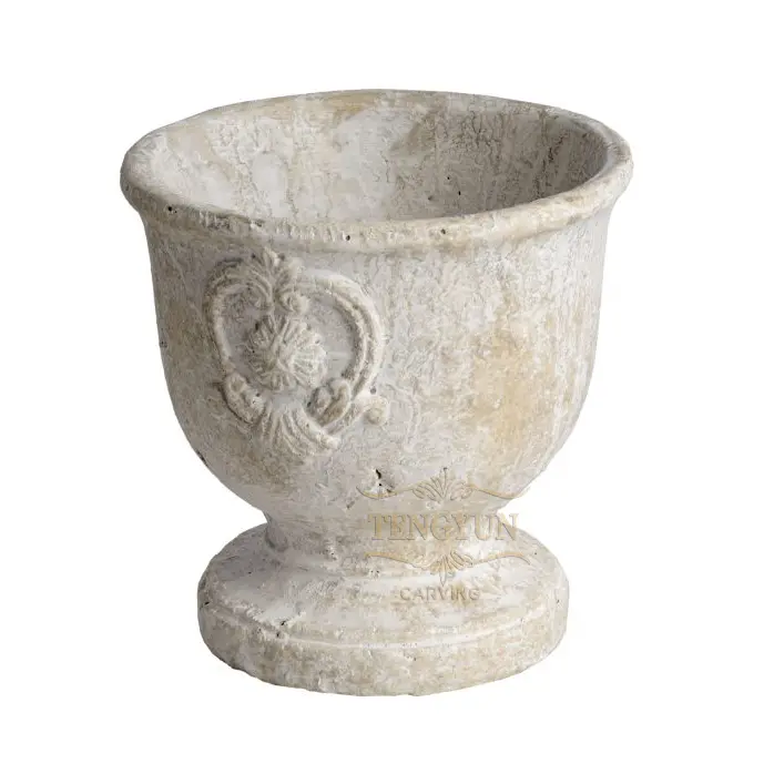 Classic Limestone Carved Flower Vase Sculpture Garden Stone Flowerpots Ornament