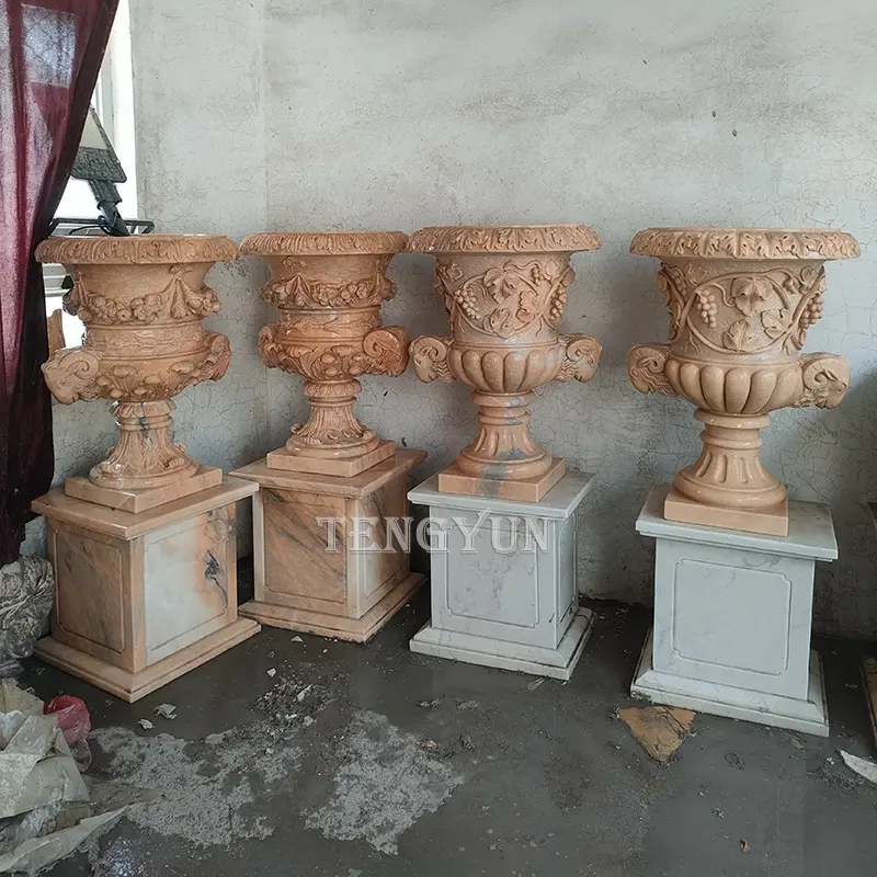 Classical Garden Stone Urns With Floral & Ram Head Sculptures Marble Flowerpots