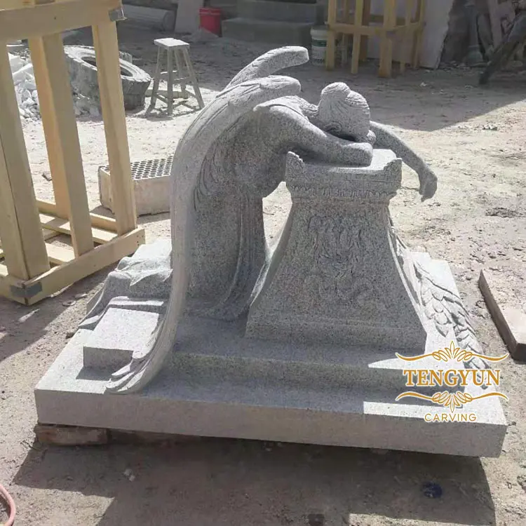 Custom Famous Cemetery Decorative Grey Granite Stone Carved Weeping Kneeling Angel Statue
