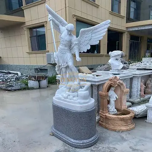 Custom Famous Natural White Marble The Archangel Michael Statue With Granite Base