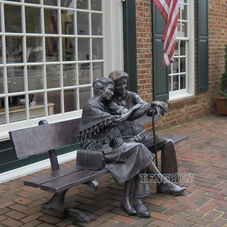 Custom Made Life Size Metal Bronze Sitting On Bench Age Couple Statues Sculptures For Sale