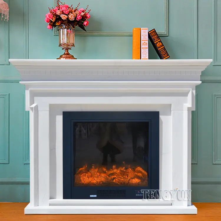Custom Marble Fireplace American Style White Marble Lines Simple Classical Fireplace Decorative Cabinet Stone Mantel