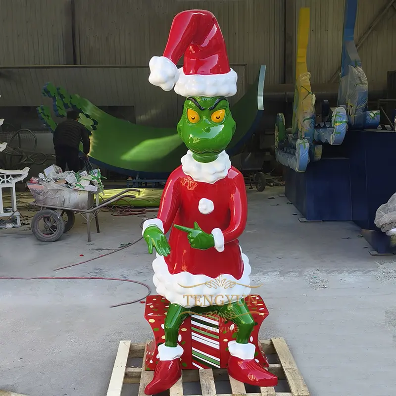 Decorative Large Resin Grinch Christmas Ornament With Big Green Bag Sculpture For Sale