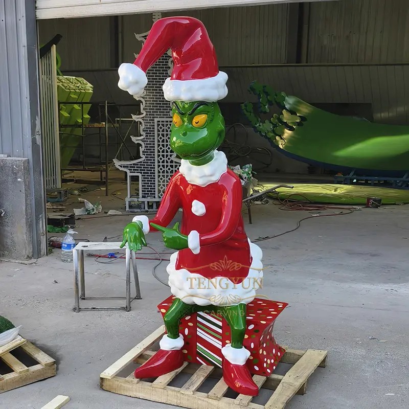 Decorative Large Resin Grinch Christmas Ornament With Big Green Bag Sculpture For Sale