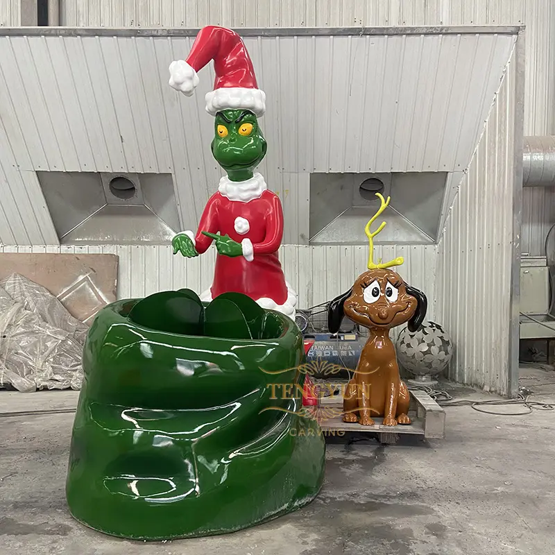 Decorative Large Resin Grinch Christmas Ornament With Big Green Bag Sculpture For Sale