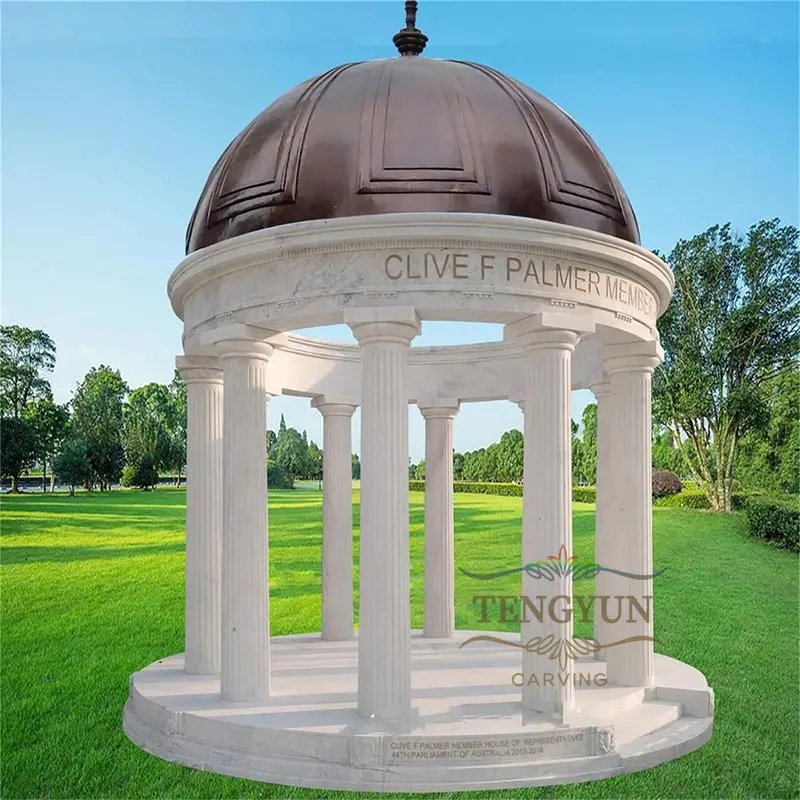 European Courtyard Garden House Decoration Large Size Roman Columns Marble Stone Gazebo with Iron Dome