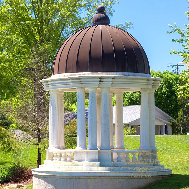 European Courtyard Garden House Decoration Large Size Roman Columns Marble Stone Gazebo with Iron Dome