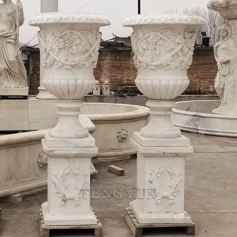 Garden Decoration Hand Carved Marble Flower Pots Natural Stone Planter White Marble Flowerpot