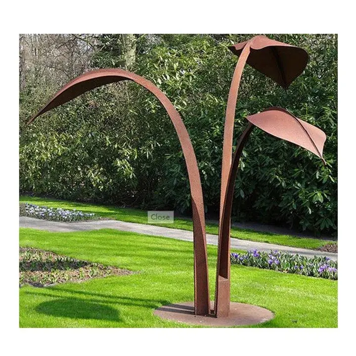 Garden Decorative Corten Steel Leaf Sculpture Metal Plant Flower Statue For Outdoor