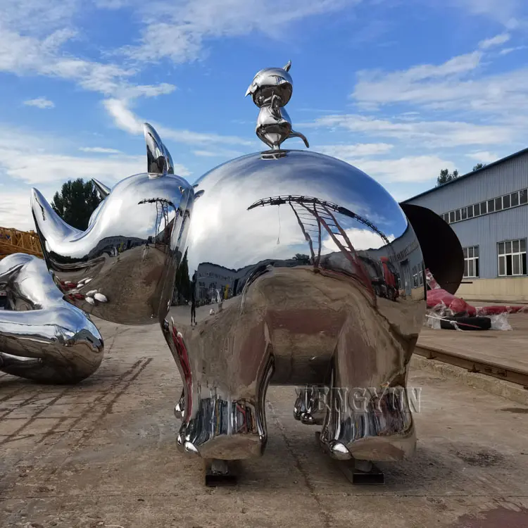 Garden Decorative Large Size Mirror Polished Stainless Steel Abstract Animal Sculpture Rhino With Bird