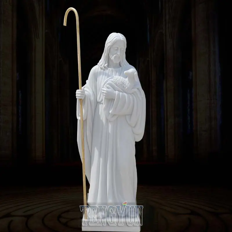 Garden Decorative Outdoor White Marble Jesus Goats Sheep Life Size Stone Sculpture