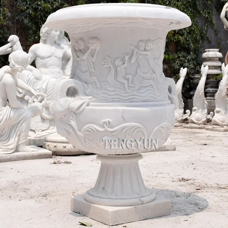 Garden Large Size Stone Carved Marble Flowerpot