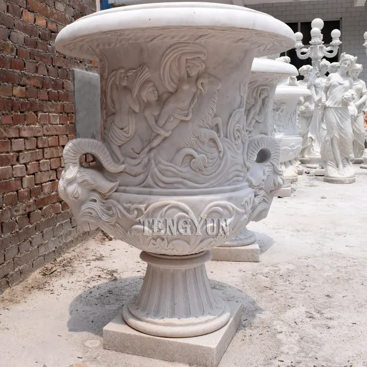 Garden Large Size Stone Carved Marble Flowerpot