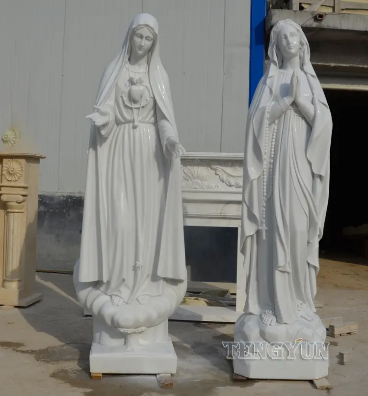 Garden Outdoor Decor White Marble Carvings Our Lady of Fatima Prayer And Shepherd Children Sculptures