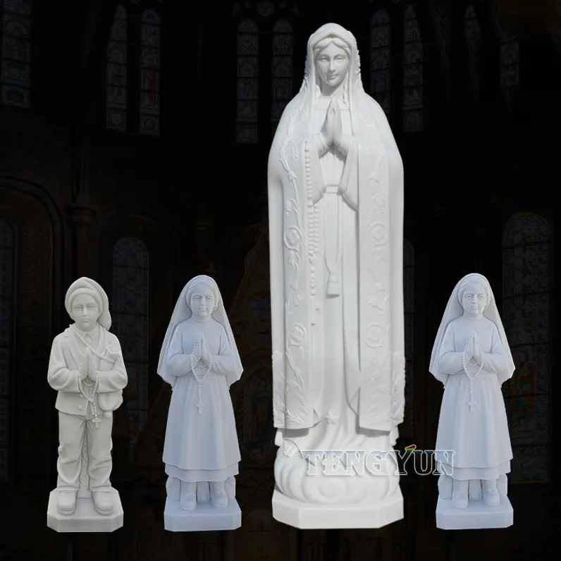 Garden Outdoor Decor White Marble Carvings Our Lady of Fatima Prayer And Shepherd Children Sculptures