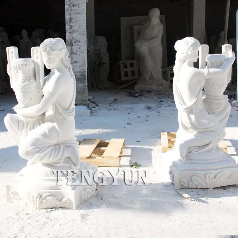 Garden Pair Of Female Statue Flower Pot Marble Sculptures For Outdoor