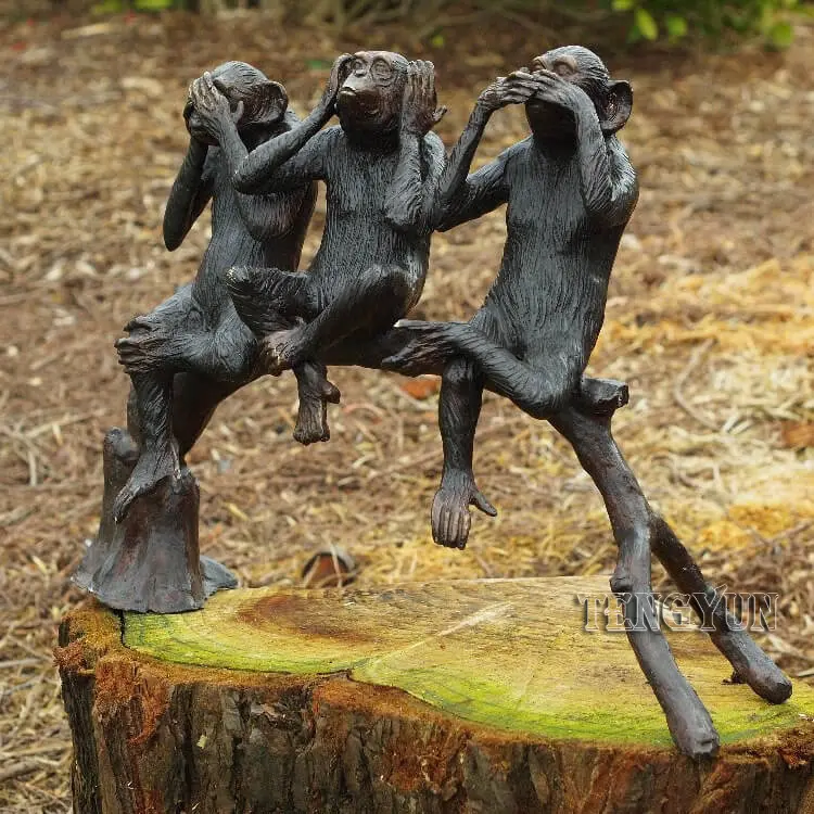 Garden decorative copper monkey sculpture sitting on bench bronze three wise monkey statues