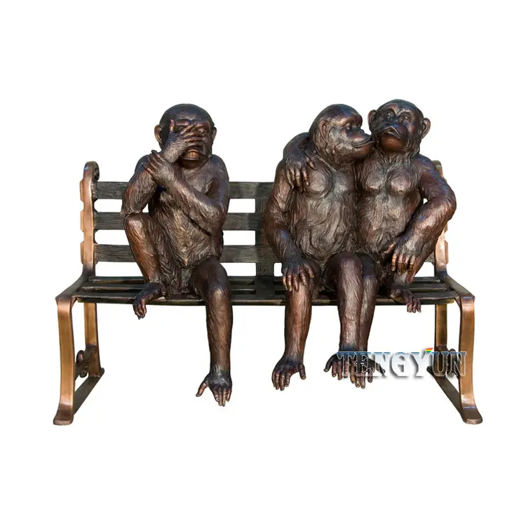 Garden decorative copper monkey sculpture sitting on bench bronze three wise monkey statues