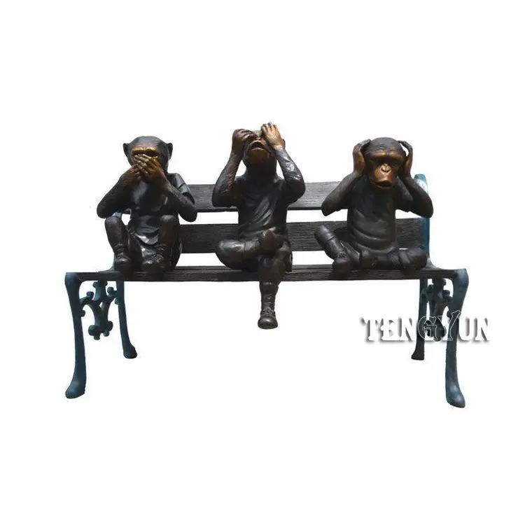 Garden decorative copper monkey sculpture sitting on bench bronze three wise monkey statues