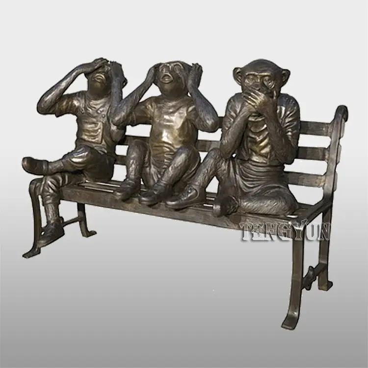 Garden decorative copper monkey sculpture sitting on bench bronze three wise monkey statues