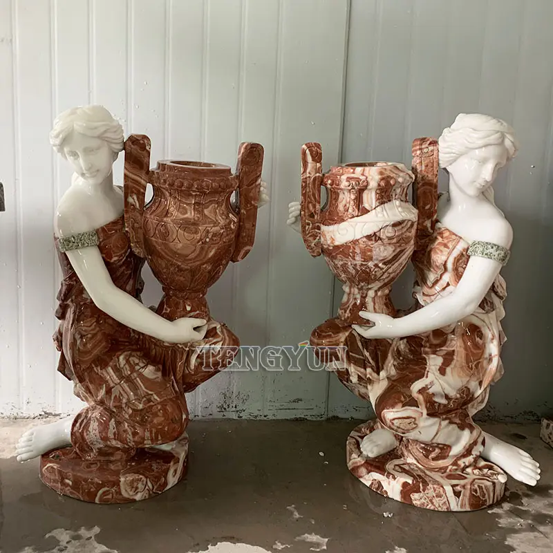 Garden decorative polishing coloured pair of life size natural marble female greek statue with flowerpot