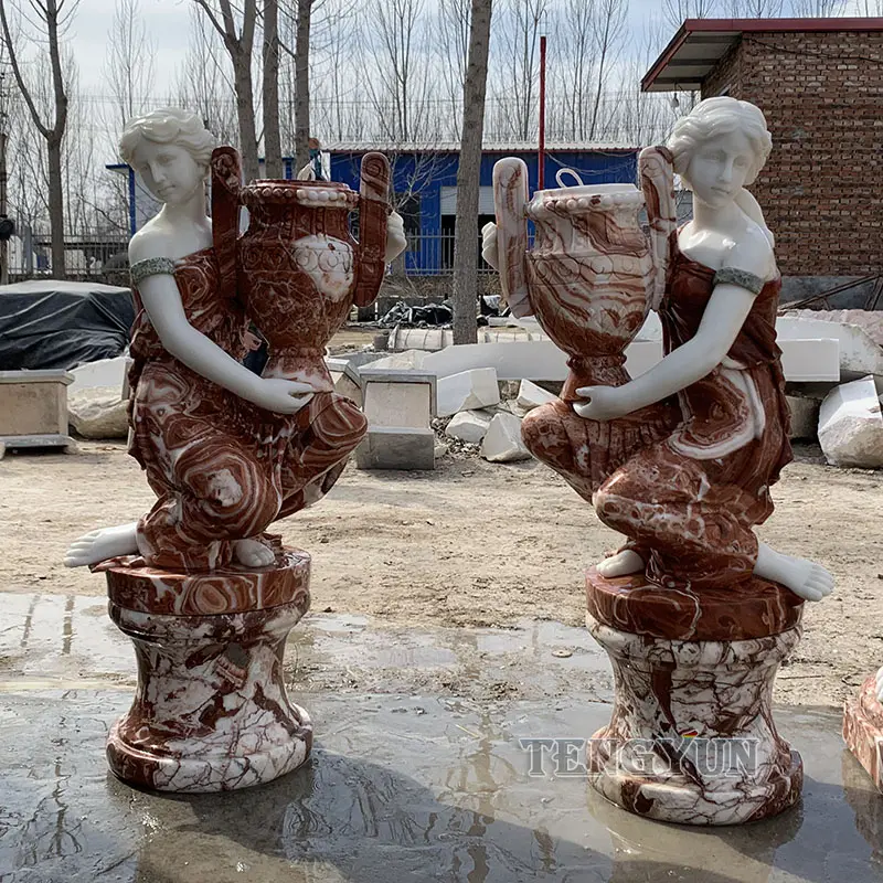 Garden decorative polishing coloured pair of life size natural marble female greek statue with flowerpot