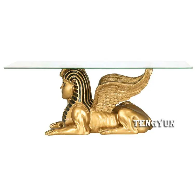Golden Color Egypt The Great Sphinx With Big Wings Statue Base Coffee Table With Tempered Glass