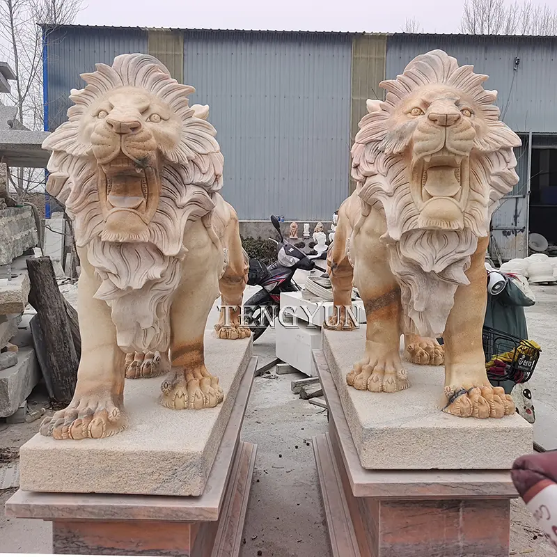 Hand Carved Natural Sunset Red Marble Lion Statue Large Animal Stone Sculptures