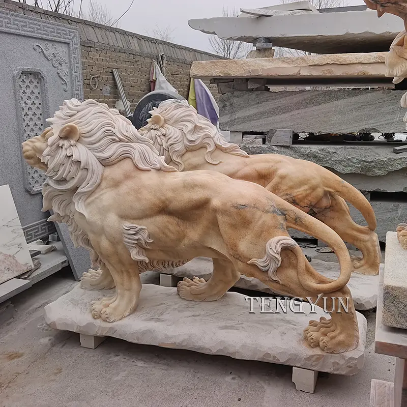 Hand Carved Natural Sunset Red Marble Lion Statue Large Animal Stone Sculptures