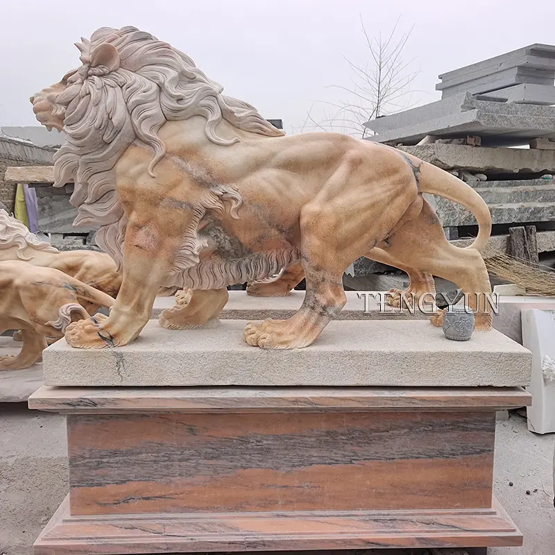 Hand Carved Natural Sunset Red Marble Lion Statue Large Animal Stone Sculptures