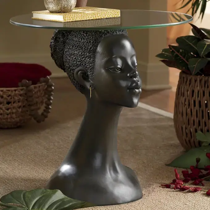 Home Decor Black Girl Head Statue Bust Sculpture Base Tea Table With Round Glass Coffee Table Top