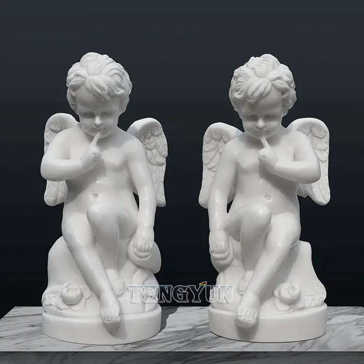 Home Decorative Statues Stone Cherub Hand Carved Small White Marble Sitting Cupid Little Angel Sculpture