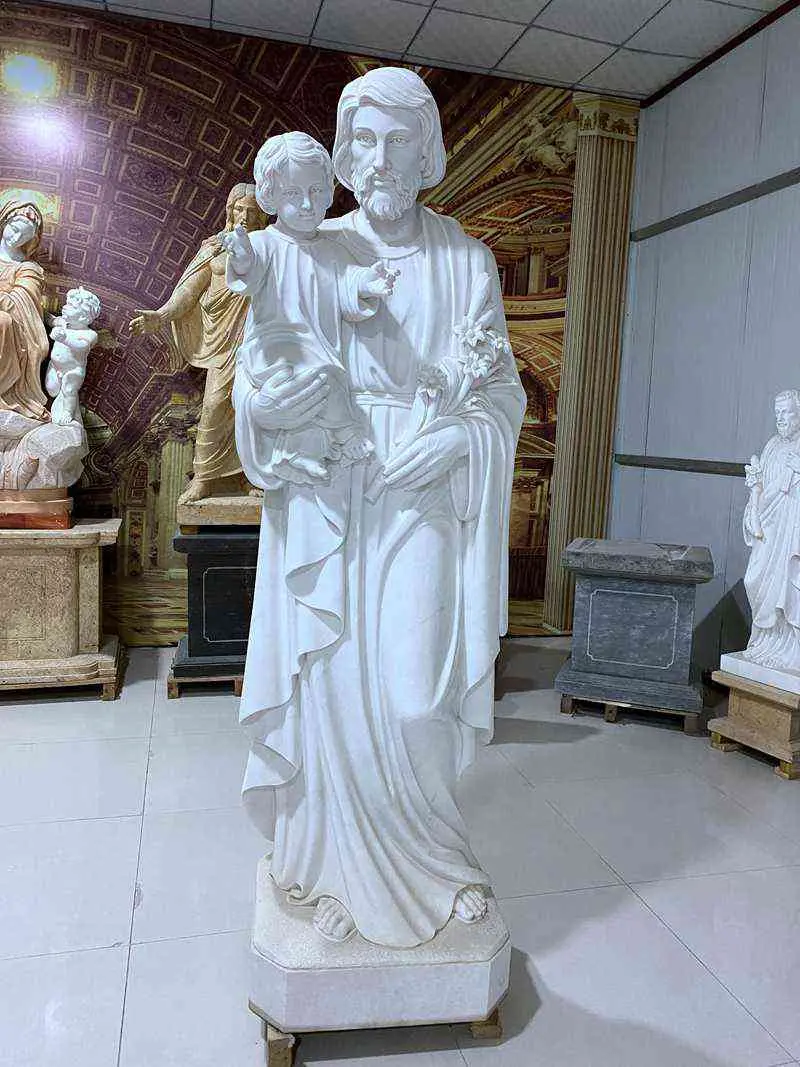 Large Christian Sculpture Religious White Marble St. Joseph Holding Baby Jesus Statue