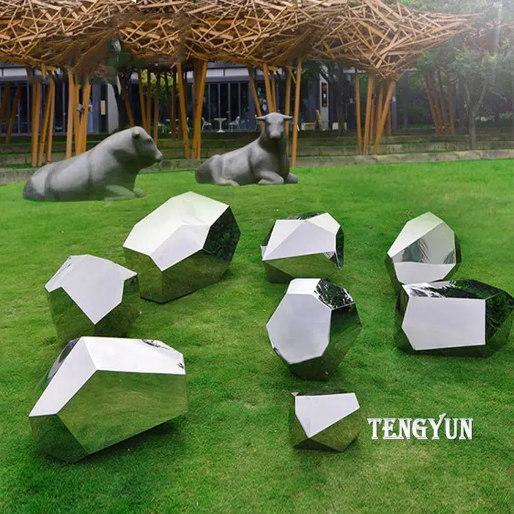 Large Modern Sculpture Mirror Polished Abstract Stone Statue Metal Rock Sculptures For Seaside Decoration