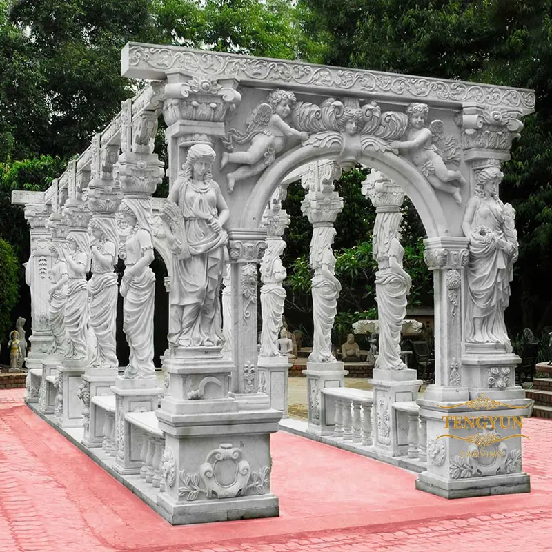 Large Size Grand Hand Carved Marble Corridor Gazebo With Ladies Statues And Greek Pillars